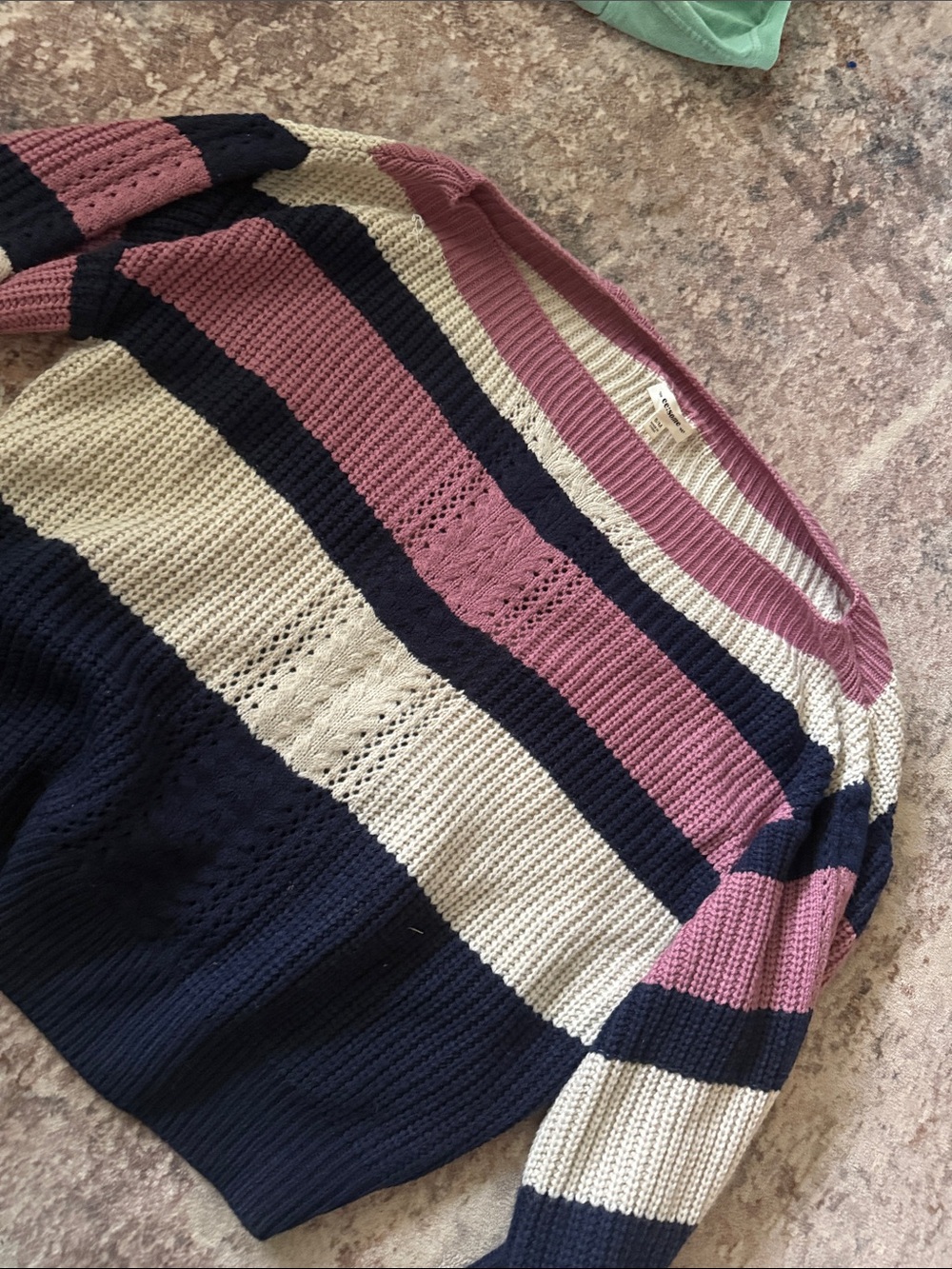 Striped off the shoulder Knit Sweater in Pink, Navy & Cream